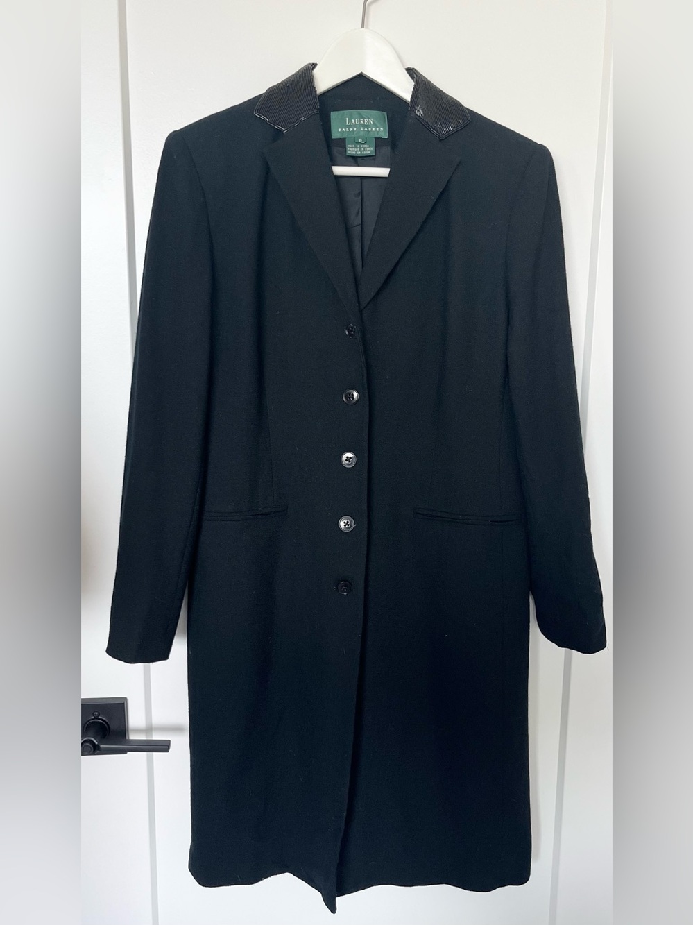 Vintage Lauren Ralph Lauren Black Wool Gala Overcoat Trench Beaded Collar SZ 6